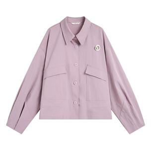 紫涵短款翻领衬衫外套女2026春季新款简约工装风下摆抽绳宽松上衣