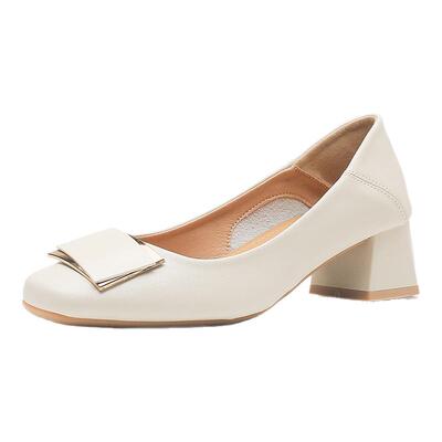 法式粗跟单鞋女真皮中跟妈妈鞋