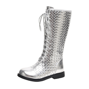 女童T台走秀靴子模特舞台银色演出鞋儿童长靴秋冬高筒加绒马丁靴