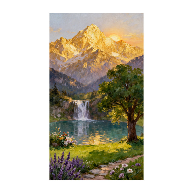 可班艺术手绘日照金山聚宝盆挂画