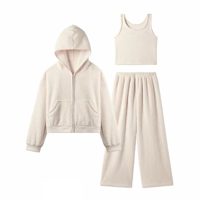 毛绒睡衣女秋冬三件套连帽家居服