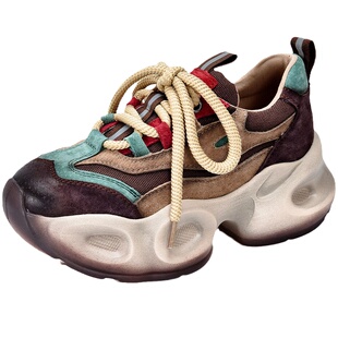 四起哥2026春秋新款头层牛皮厚底老爹鞋女款复古休闲运动鞋真皮女