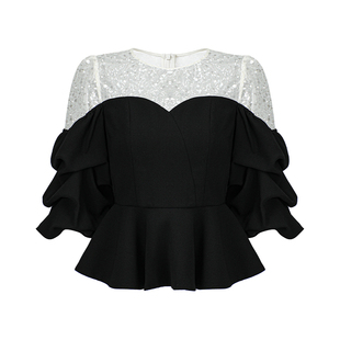 【意大利设计】CHICHY经典款宫廷风假两件小衫女春款黑色显瘦上衣