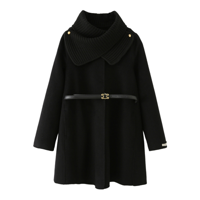 围巾领双面呢大衣女收腰羊毛外套