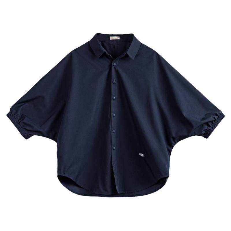 马登美式七分短袖衬衫宽松上衣蝙蝠袖衬衣休闲立领外套可叠穿女夏