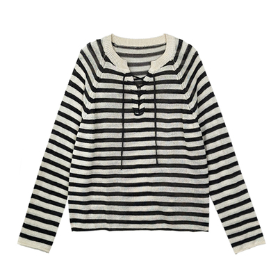 绑带米白针织复古条纹V领宽松