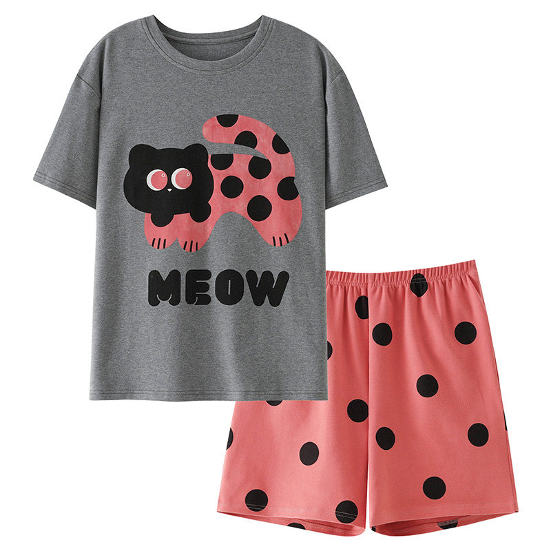 小猫母女纯棉短袖大童大码家居服