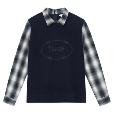 末未MIIWII24冬长袖藏青色针织拼接上衣S244123女士