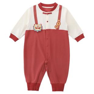 百天宝宝衣服周岁礼服新中式国风红色喜庆哈衣春秋纯棉婴儿连体衣