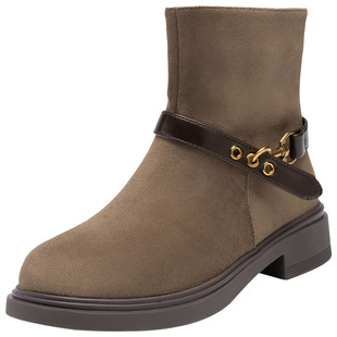 大东官方巨好看短靴女款2026新款冬季配裙子西部靴麂皮咖色靴子女