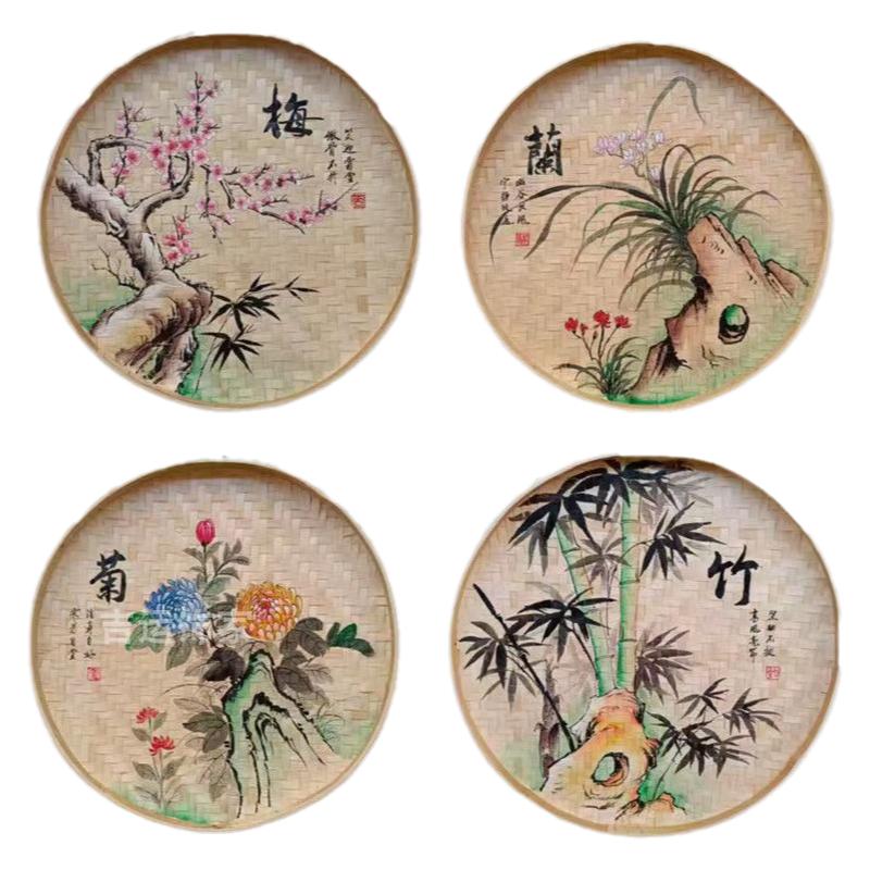 手绘簸箕画花鸟餐馆农家乐装饰画
