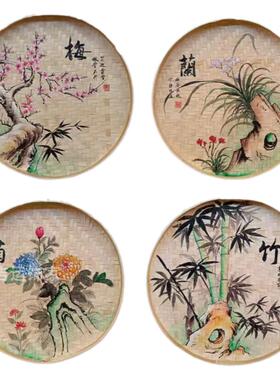 手绘簸箕画花鸟餐馆农家乐装饰画
