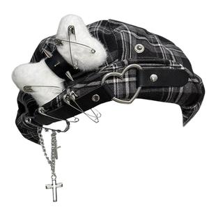 1Gangster Inn原创亚文化贝雷帽金属格子甜酷帽子y2k画家帽云朵帽