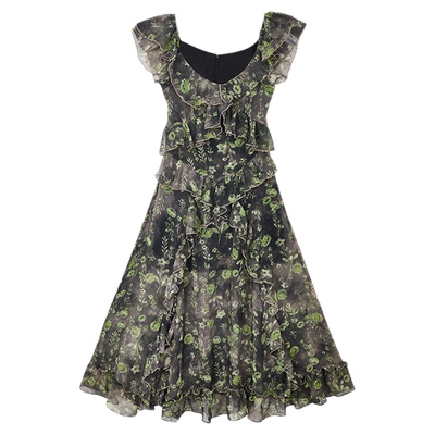 Jamor时尚荷叶边碎花连衣裙2025夏季新款开叉中长款设计感碎花裙