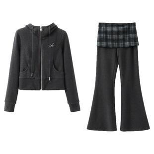 夕蒙2025新款冬季韩系小个子时尚洋气小众高级深灰卫衣裤子套装女