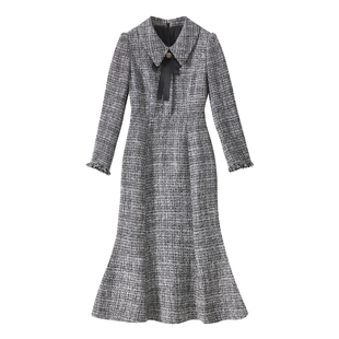 迪奥法式小香风连衣裙女2025秋冬新款气质名媛中长款粗花呢鱼尾裙