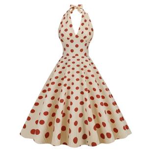 温柔港风年代感复古V领挂脖波点连衣裙收腰大摆气质显瘦夏中长裙