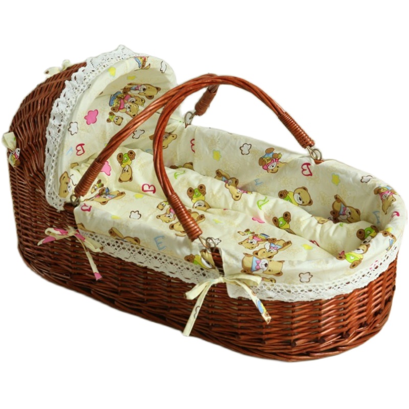 藤编新生婴儿外出便携手提篮车载安抚哄娃睡篮宝宝床推车实木摇篮