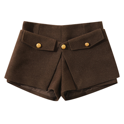 大于诗集 都市双调 设计感毛呢A字短裤女显瘦搭片纽扣保暖休闲裤