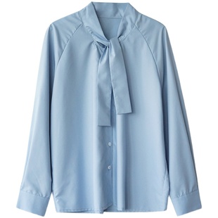 好打理蓝色系带简约不易皱长袖宽松衬衫女春夏款百搭休闲韩版衬衣