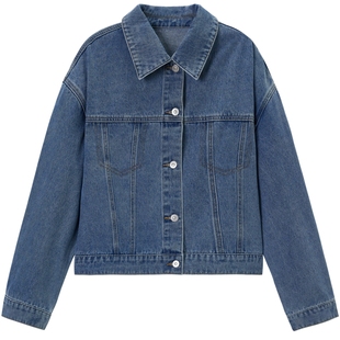 乐町美式复古休闲水洗牛仔外套短款春季宽松落肩设计翻领通勤上衣