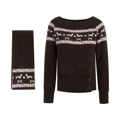 一字肩费尔岛毛衣围巾两件套