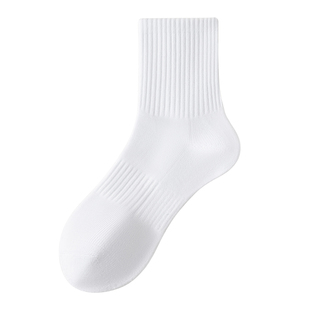 拾袜记基础运动袜子男款中筒袜秋季纯棉纱线毛巾底袜白色防臭长袜