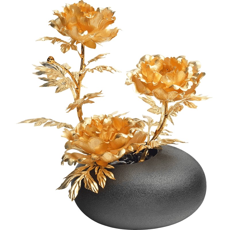潮宏基牡丹花盆栽金箔摆件高级感商务送礼节日礼物华贵礼品礼物L