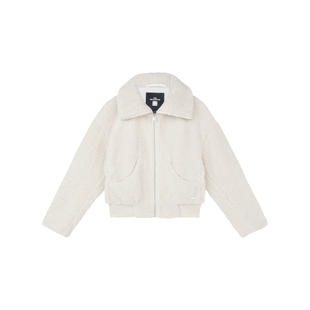 oneup白色短款羊羔绒立领外套女冬季加厚款拉链翻领羊羔毛夹克