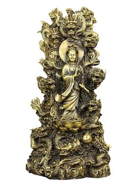 醉芒黄铜九龙观音摆件中式客厅