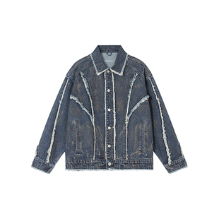 FORNINES复古擦色流苏毛边牛仔夹克男女情侣潮牌春季美式做旧外套