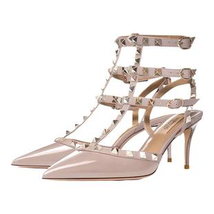 V家三环细跟裸色铆钉尖头高跟鞋真皮包头露趾性感空绑带低跟凉鞋