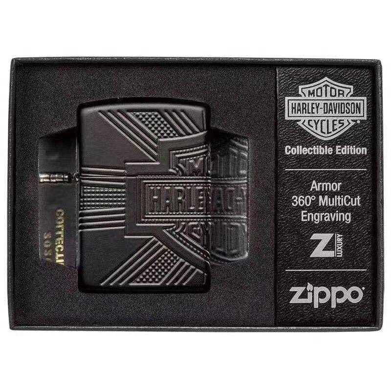 正版Zippo火机美国20年新款黑色盔甲三面哈雷盾牌标志收藏版49176