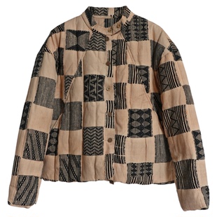 沉香布衣草堂几见设计亚麻单排扣羽绒服外套女复古印花WT4905无活