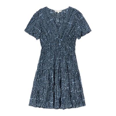 诗篇专选法式V领收腰修身立体褶裥印花短袖A字连衣裙