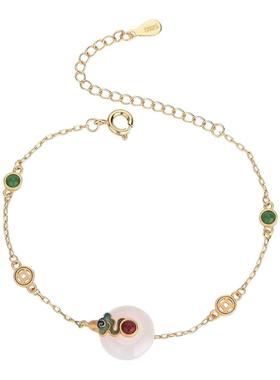 新款鎏金仿和田玉平安扣手链烤蓝工艺镶嵌铜镀金宫廷复古风手饰