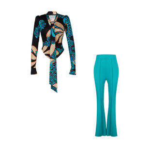 XULU原创抽象派牛奶丝印花系带打底衫时尚百搭气质灯笼袖V领上衣