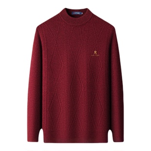 牦牛绒+绵羊毛梦特娇男装圆领毛衣菱格提花秋冬季男士保暖针织衫Z