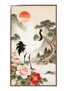 迎客松挂画喜木火仙鹤牡丹风水画定制新中式山水画富贵安康财亨通