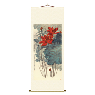 张大千荷花图客厅玄关新中式装饰挂画复古画高清微喷复刻竖轴壁画