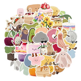 50张手绘卡通3D视觉jellycat水果玩偶兔子甜品贴纸装饰手机壳笔记本卧室保温杯平板吉他DIY头盔镜面防水贴画
