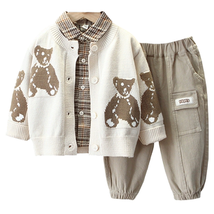 男童装春秋季衬衫套装儿童酷帅时髦2026新款宝宝秋装毛衣三件套潮