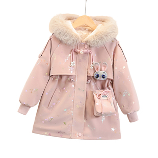 女童外套2025冬季儿童加绒加厚保暖童装秋冬派克服夹棉粉色中长款