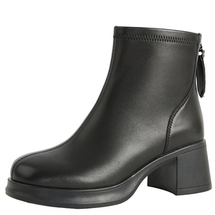 百田森真皮短靴女新款秋季配裙子粗跟保暖羽绒靴休闲妈妈短靴