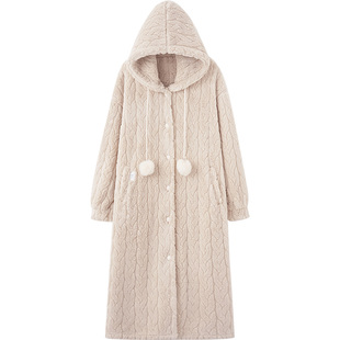 马克公主珊瑚绒睡衣睡袍女秋冬季加绒加厚可爱连帽浴袍长款家居服