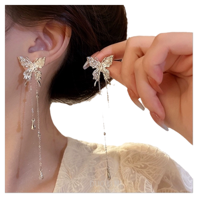 925银针液态蝴蝶流苏精灵耳钉耳环2025年新款潮轻奢超仙拍照耳饰