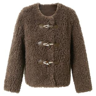 三彩2024冬季新款环保皮草仿泰迪毛外套圆领牛角扣毛绒上衣女M