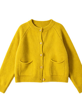 韩版芥黄色圆领慵懒风毛衣外套女