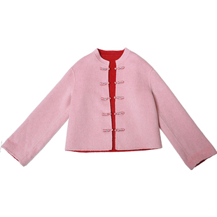 oo&vv新中式盘扣双面呢短款外套女25冬圆领保暖100%绵羊毛呢大衣