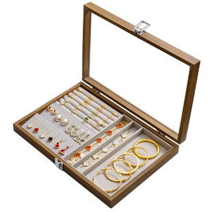 木纹木质首饰收纳盒多功能款项链耳环戒指手镯绒布带盖防尘珠宝盒